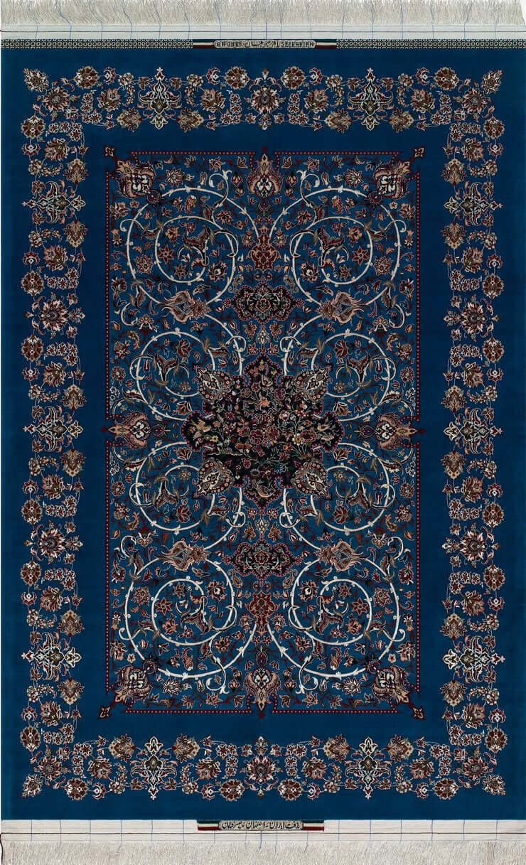 Handmade Persian rug by Bagher Seirafian in navy blue with intricate floral medallion design.